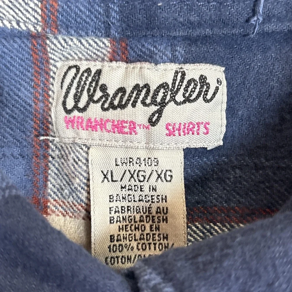 Wrangler Wrancher Western Button up Flannel‎ Shirt Blue Plaid Women's Size XL
